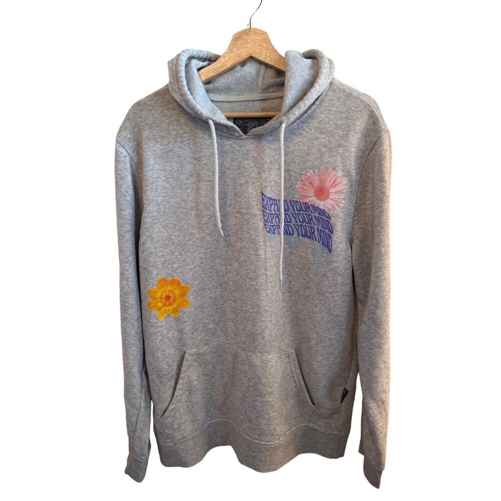 Expand Your Mind Graphic Gray Hoodie With Floral Design & Kangaroo Pocket Large